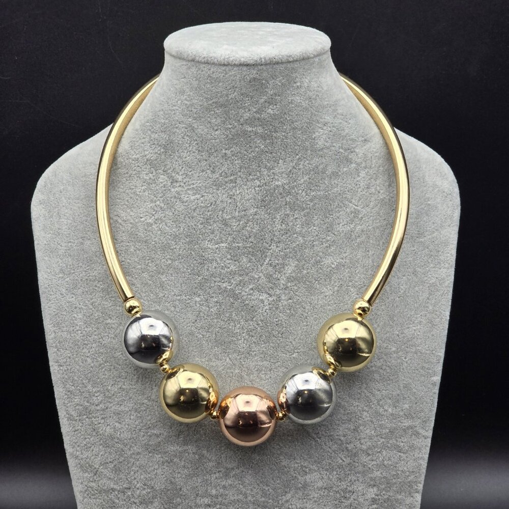 Amrita Singh Gold Tone Necklace w Large Gold, Silver & Rose Gold Tone Balls NWT